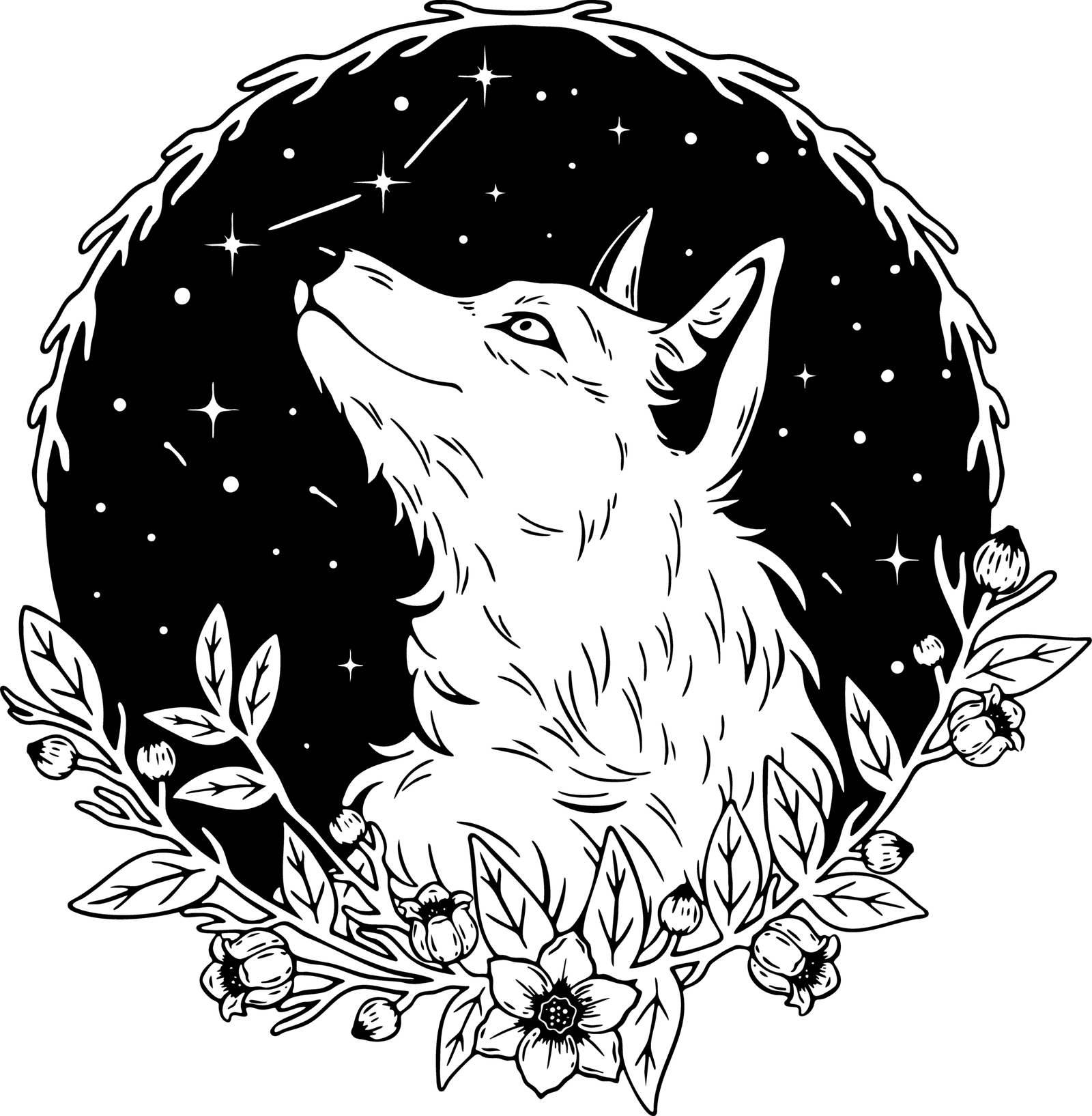 Awakening Souls Sanctuary logo featuring an illustrated wolfdog looking up at a starry night sky inside a circular frame adorned with leaves and flowers.